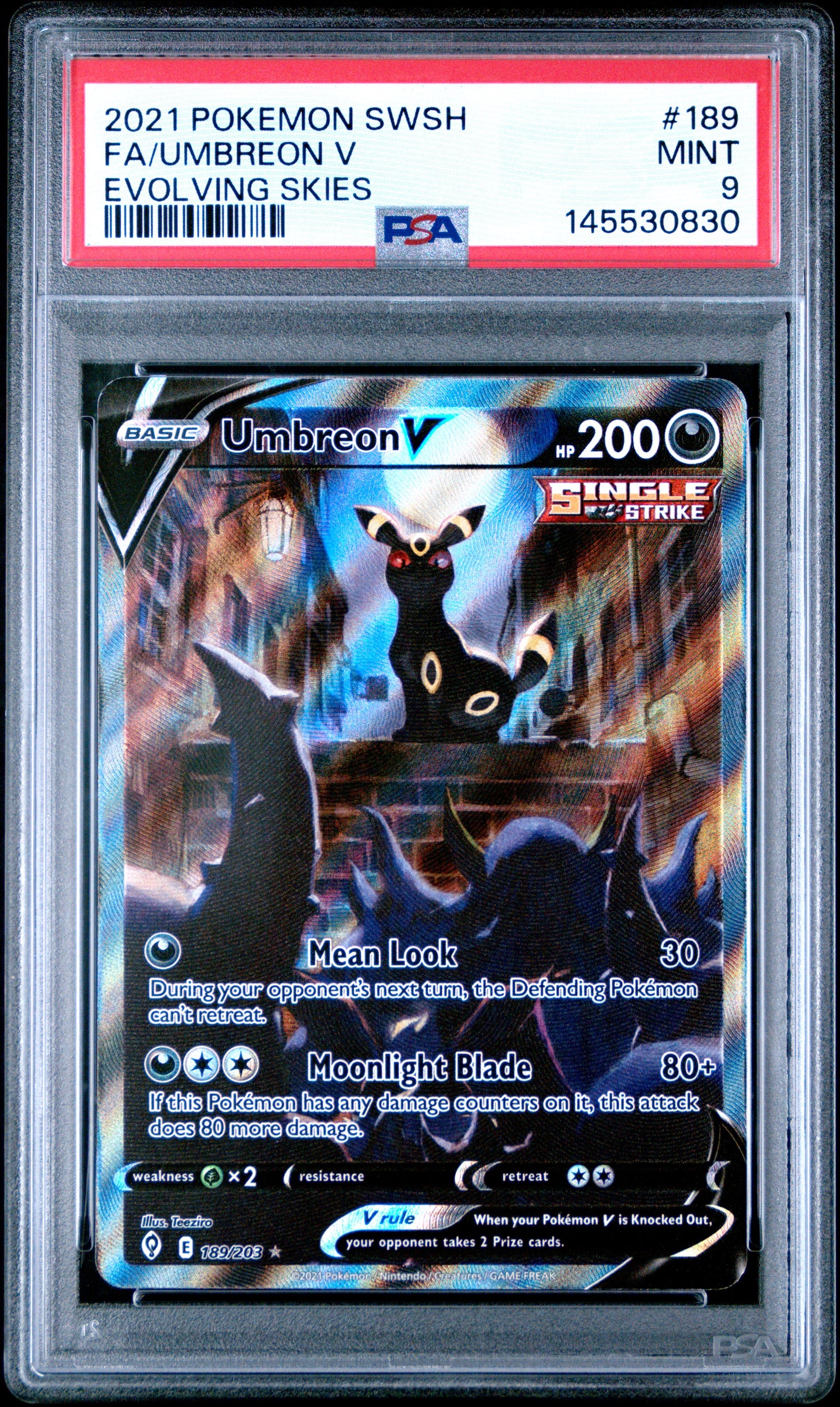 2021 Pokemon Sword & Shield: Evolving Skies Umbreon V Alternate Full Art #189 PSA 9