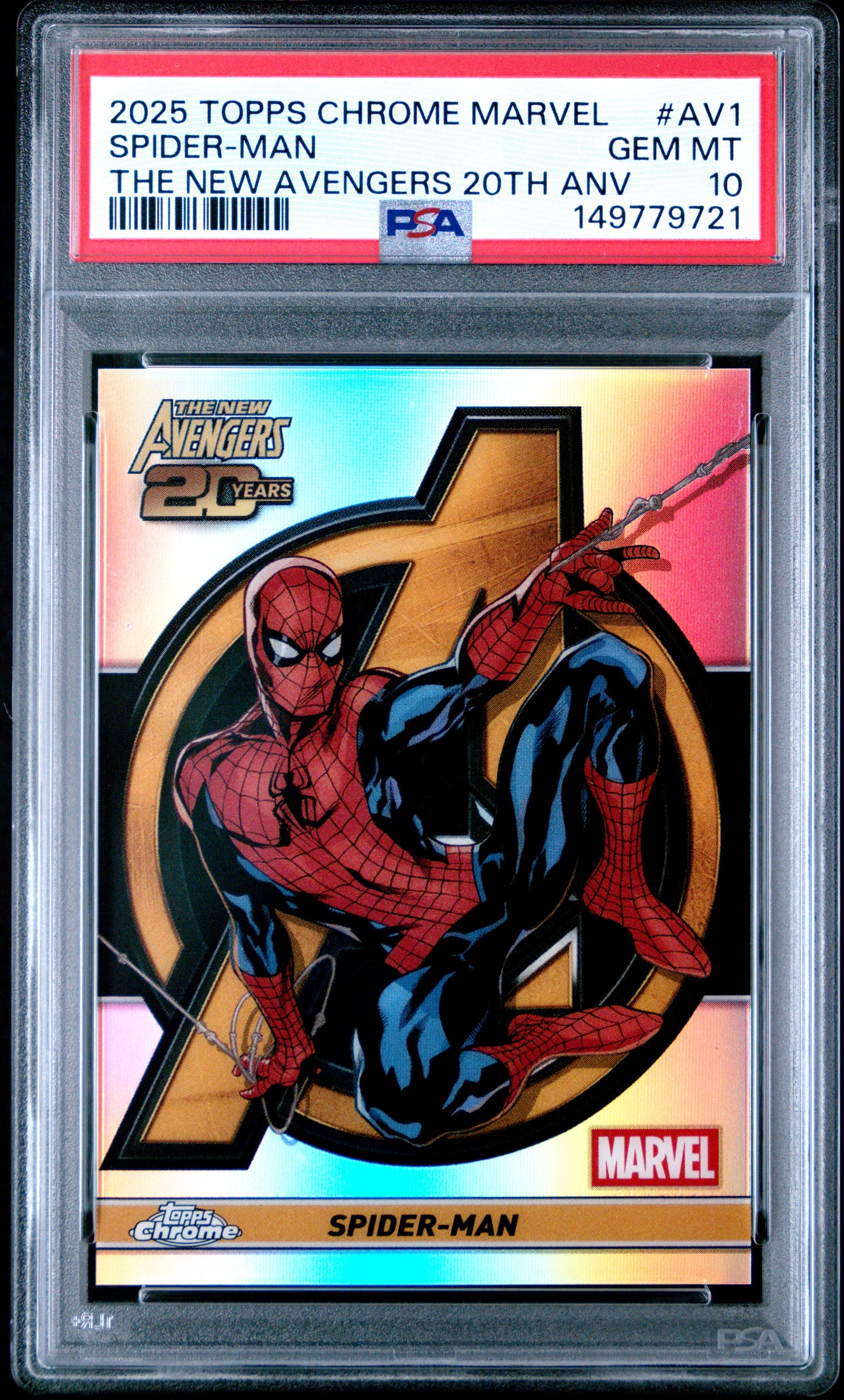 2025 Topps Chrome Marvel The New Avengers 20th Anniversary #AV1 Spider-Man PSA 10