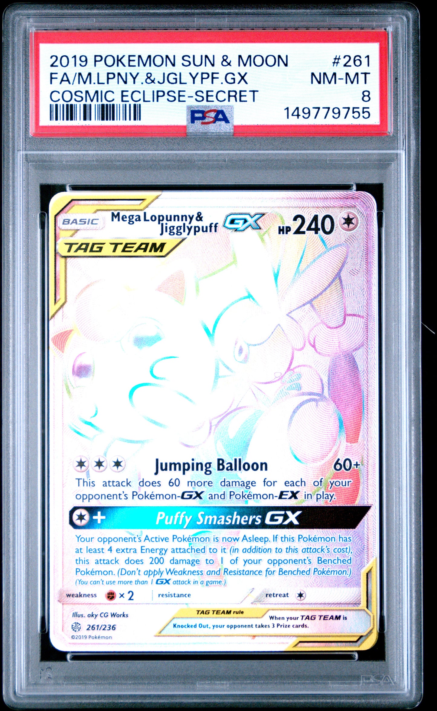 2019 Pokemon Sun & Moon Cosmic Eclipse Full Art / Mega-Lopunny & Jigglypuff Gx Secret #261 PSA 8