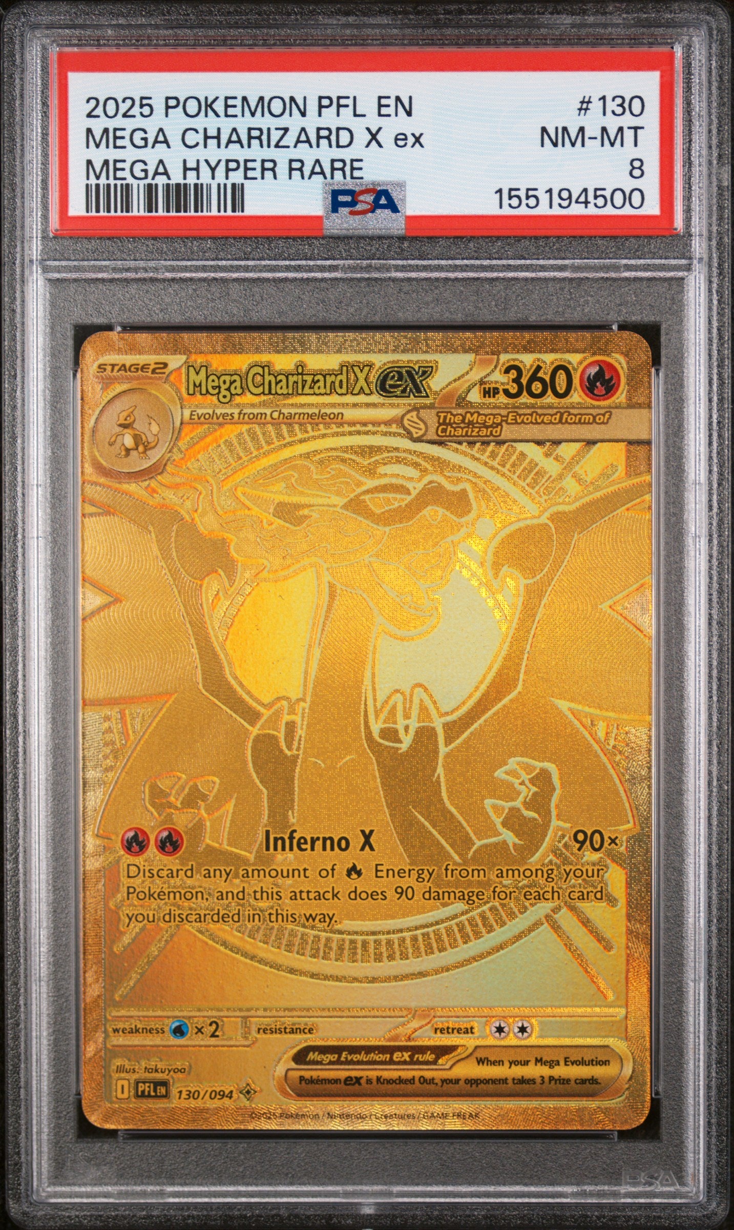 2025 Pokemon Pfl En-Phantasmal Flames Mega Charizard X Ex Mega Hyper Rare #130 PSA 8
