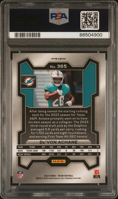 2023 PANINI PRIZM De'VON ACHANE NEON GREEN PULSAR #365 PSA 10