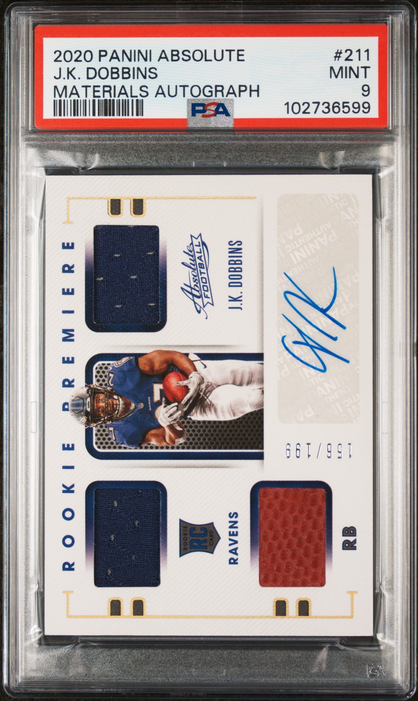 2020 Panini Absolute J.K. Dobbins Materials Autograph #211 PSA 9