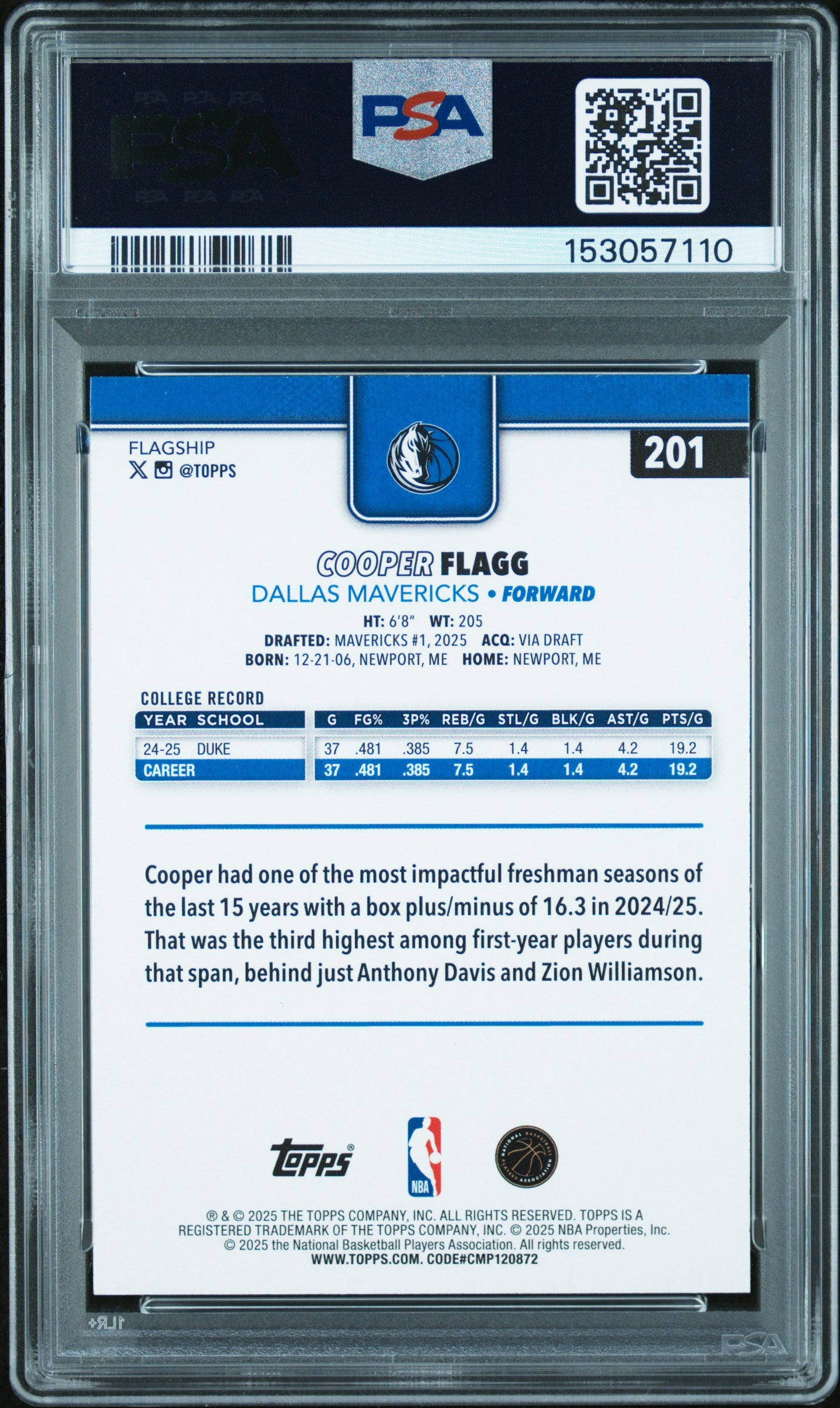2025 Topps #201 Cooper Flagg PSA 9
