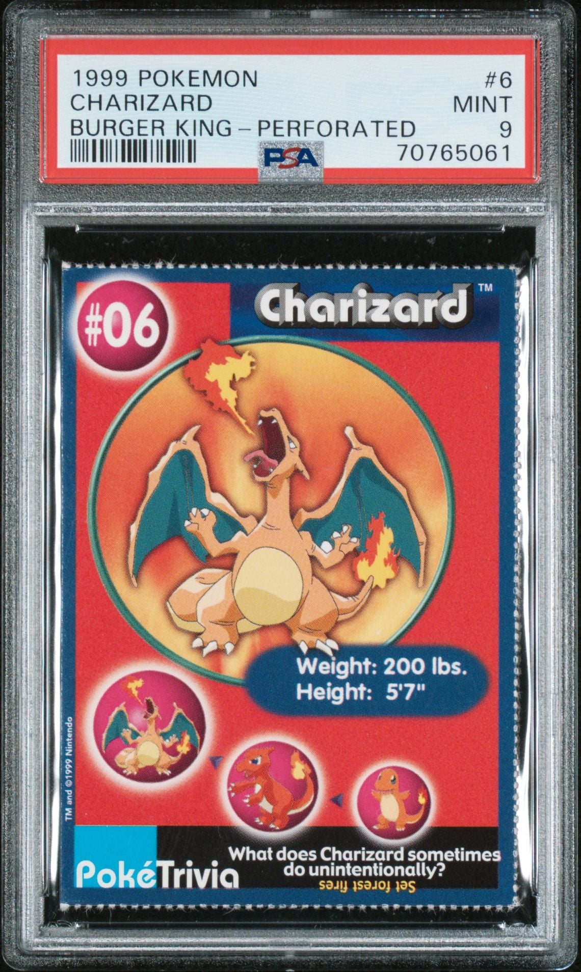 1999 Pokemon Burger King Charizard Perforated #6 PSA 9