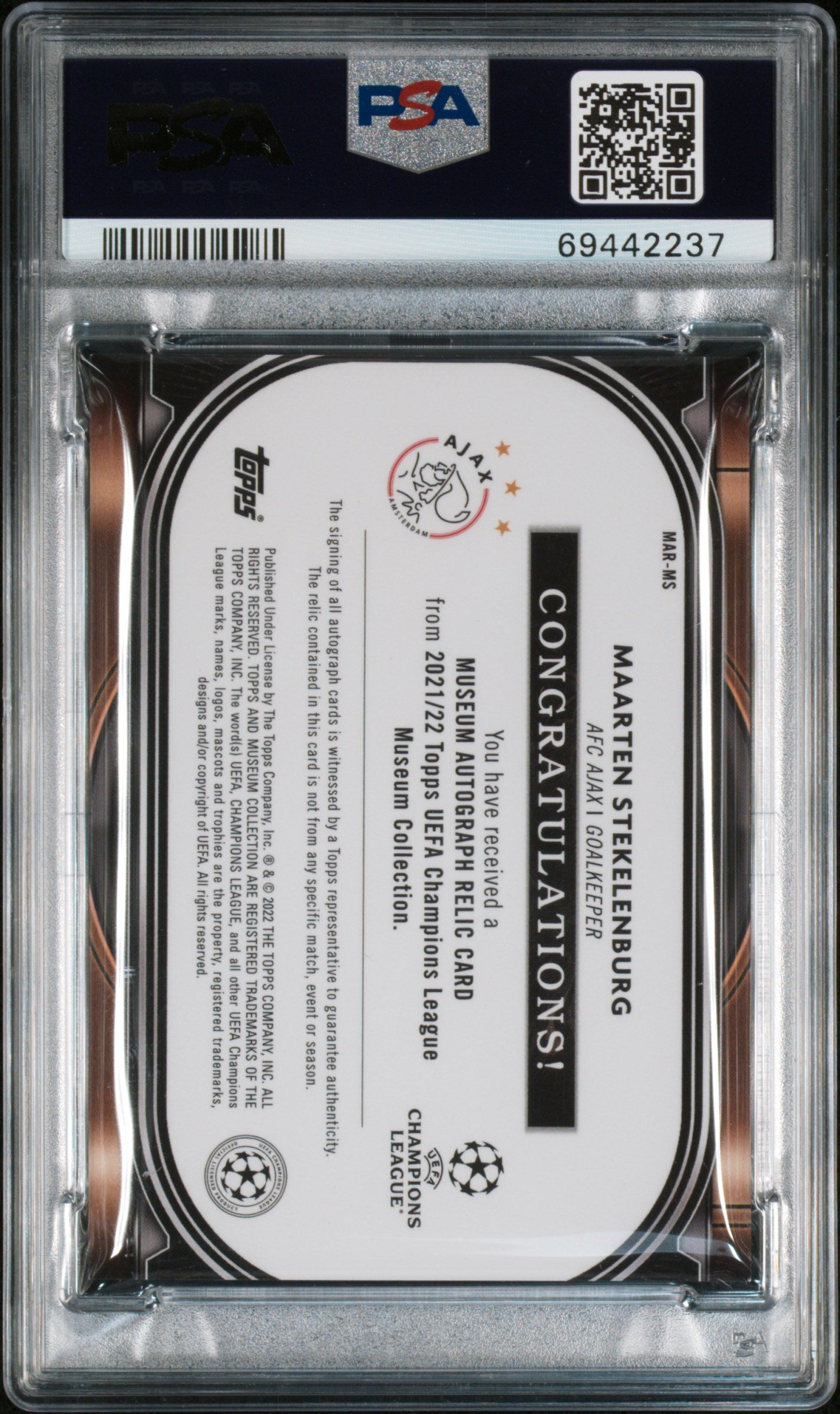 2021-2022 Topps Museum Collection Uefa Champions League Museum Autograph Relics #MS Maarten Stekelenburg 66/250 PSA 8