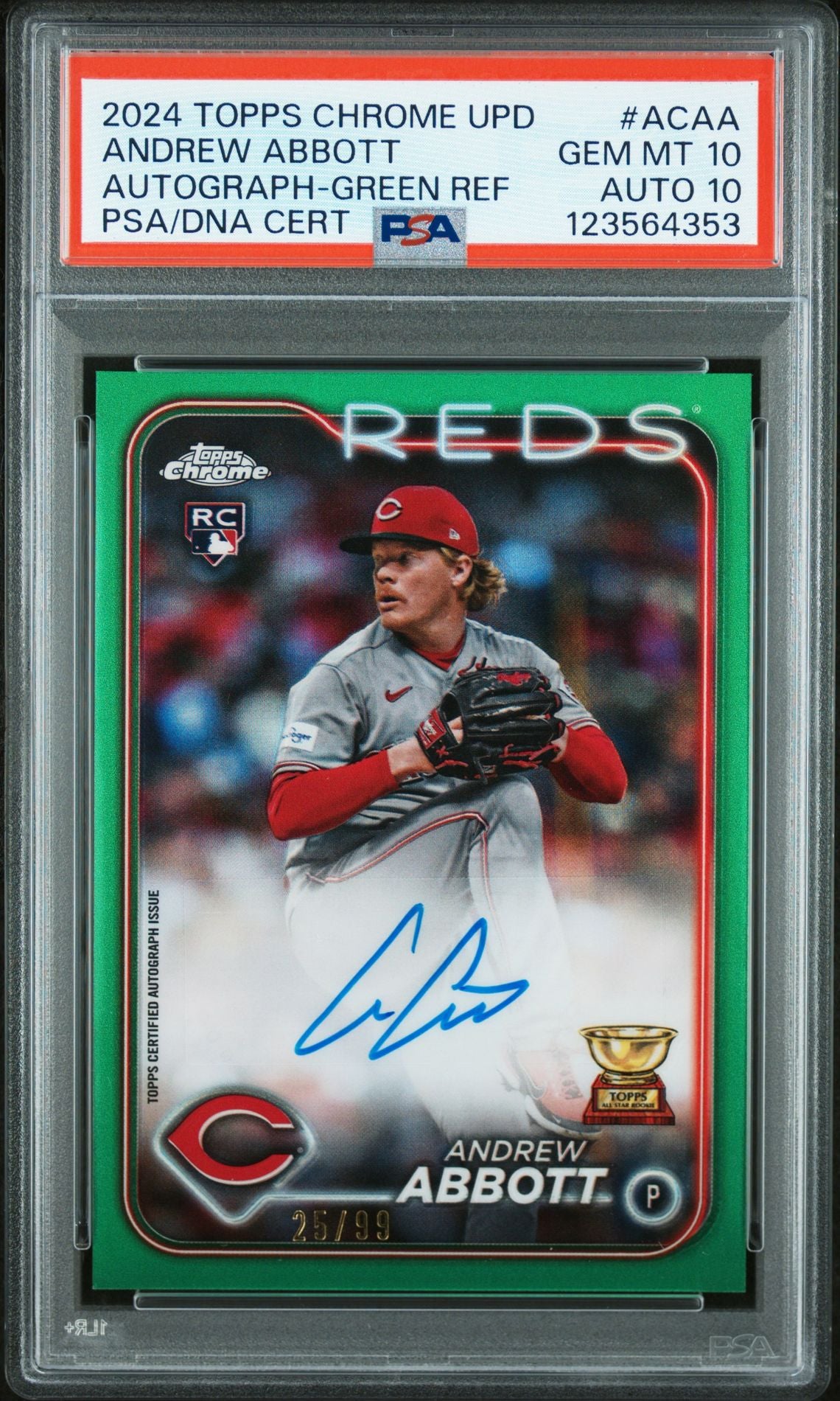 2024 Topps Chrome Update Chrome Baseball Update Series Autographs #ACAA Andrew Abbott Green Refractor 25/99 PSA 10
