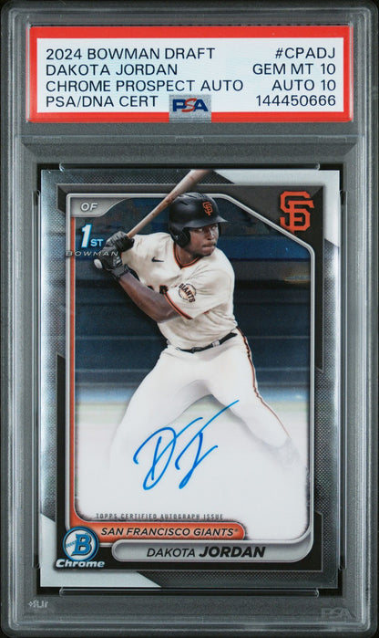 2024 Bowman Draft Chrome Prospect Autographs Dakota Jordan #CPADJ PSA 10 Auto 10