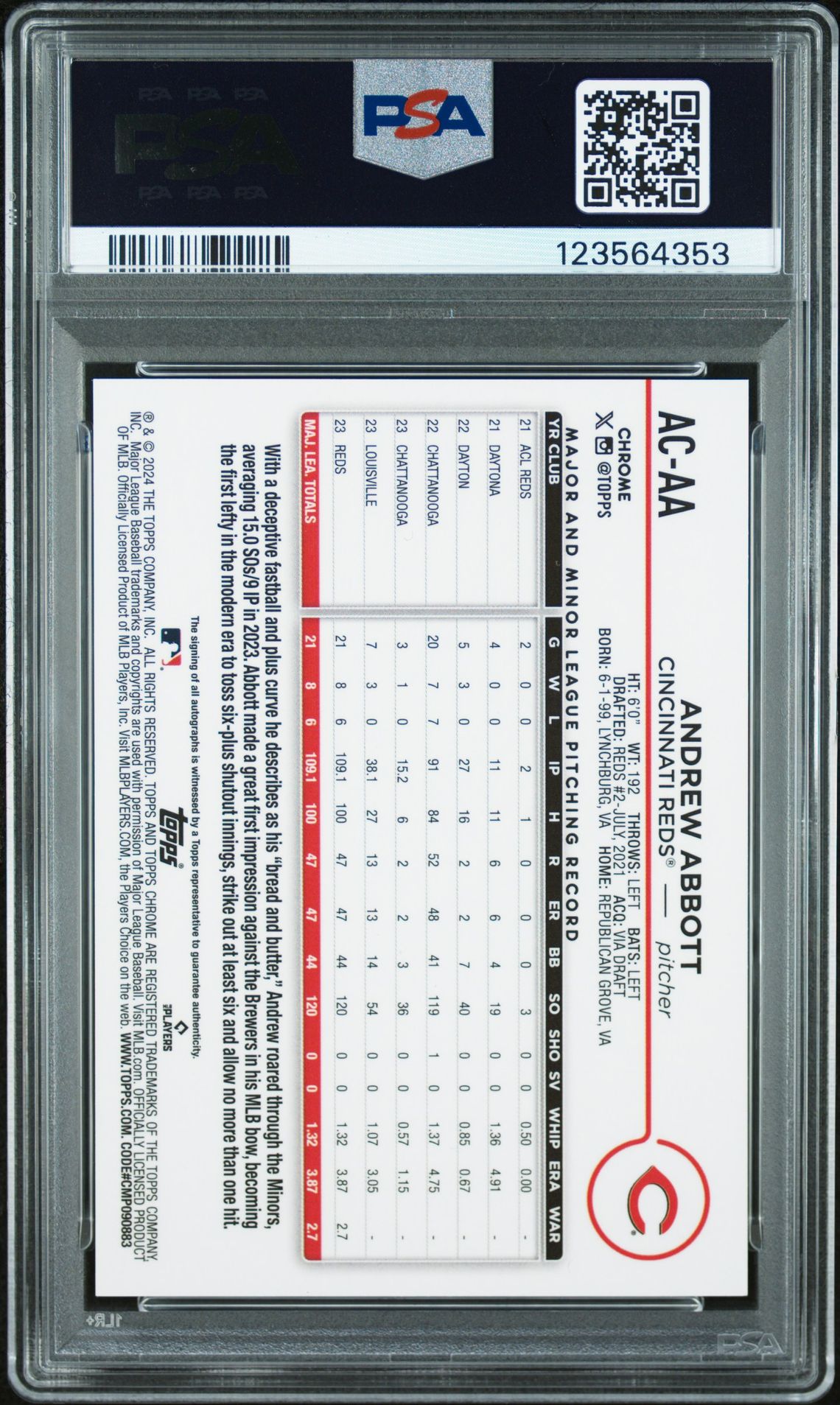 2024 Topps Chrome Update Chrome Baseball Update Series Autographs #ACAA Andrew Abbott Green Refractor 25/99 PSA 10