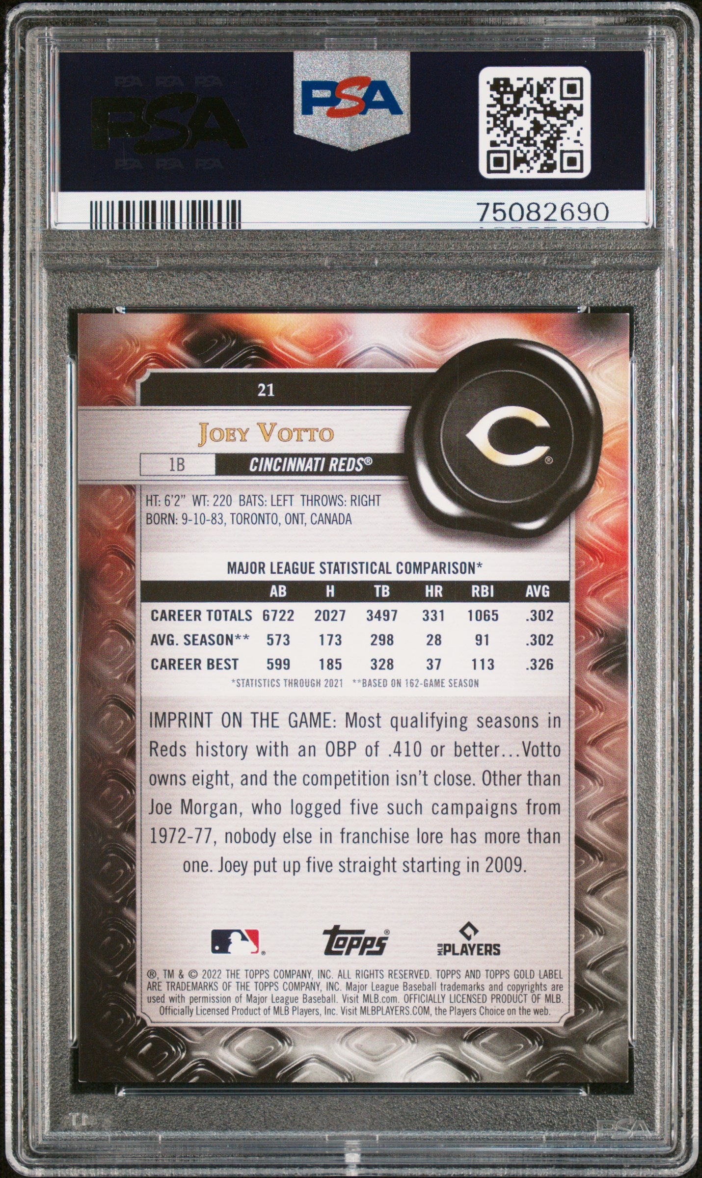 2022 Topps Gold Label Joey Votto Class 3-Red #21 PSA 9