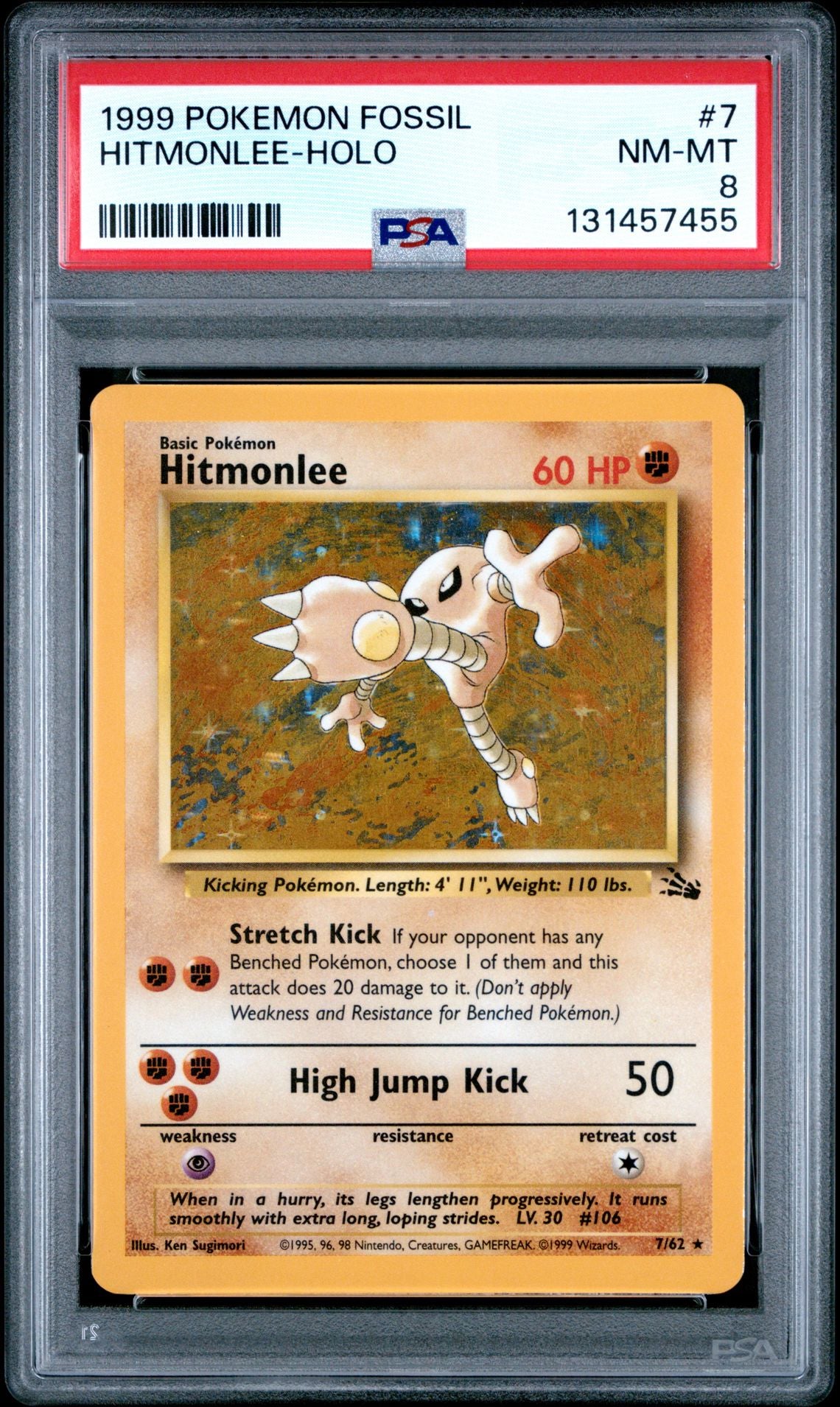 1999 Pokemon Fossil #7 Hitmonlee-Holo PSA 8