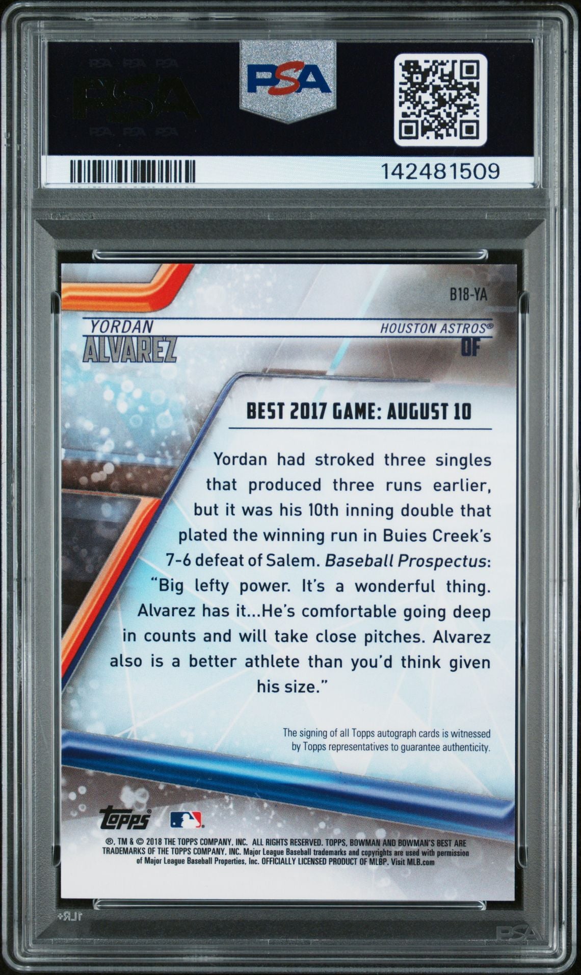 2018 Bowman's Best Best of 2018 Autographs Yordan Alvarez #B18YA PSA 10 Auto 10