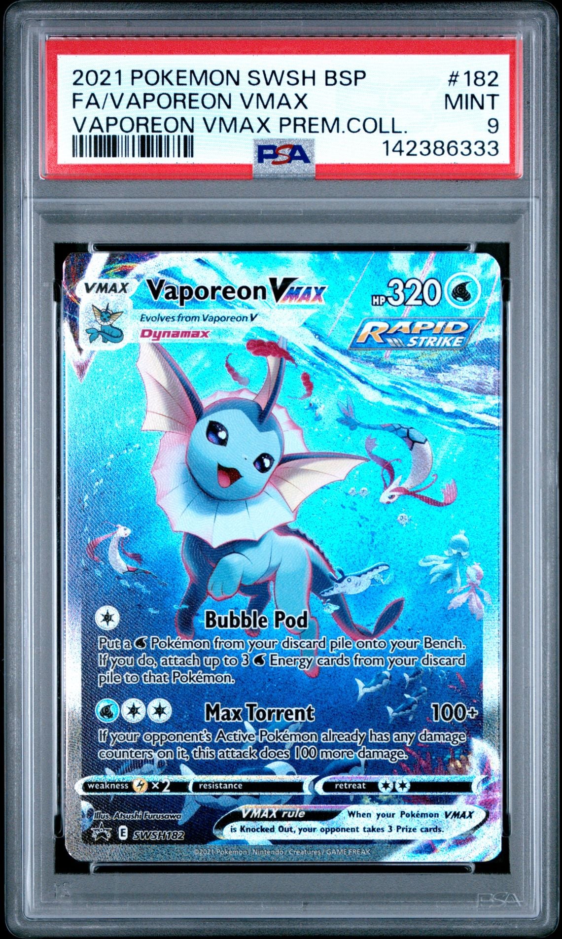 2021 Pokemon Swsh Black Star Promo #182 Full Art/Vaporeon Vmax Vaporeon Vmax Premium Collection PSA 9