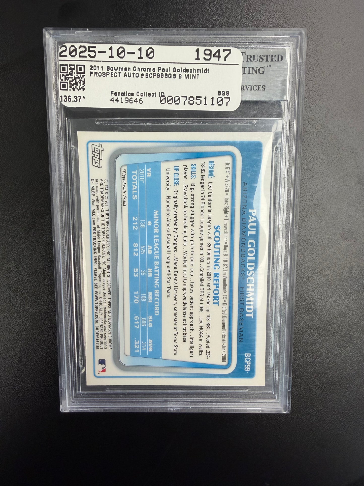 2011 Bowman Chrome Prospect Autographs Paul Goldschmidt BGS 9/10