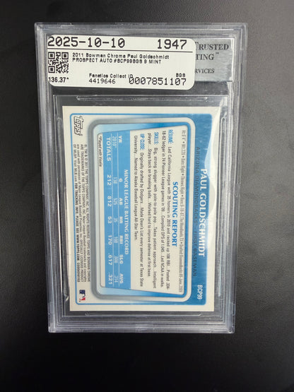 2011 Bowman Chrome Prospect Autographs Paul Goldschmidt BGS 9/10