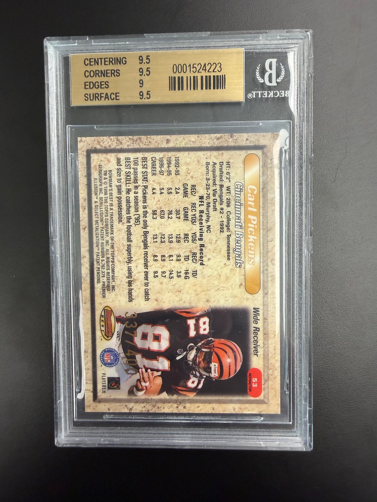 1998 Bowman's Best Refractors Carl Pickens #53 BGS 9.5