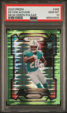 2023 PANINI PRIZM De'VON ACHANE NEON GREEN PULSAR #365 PSA 10