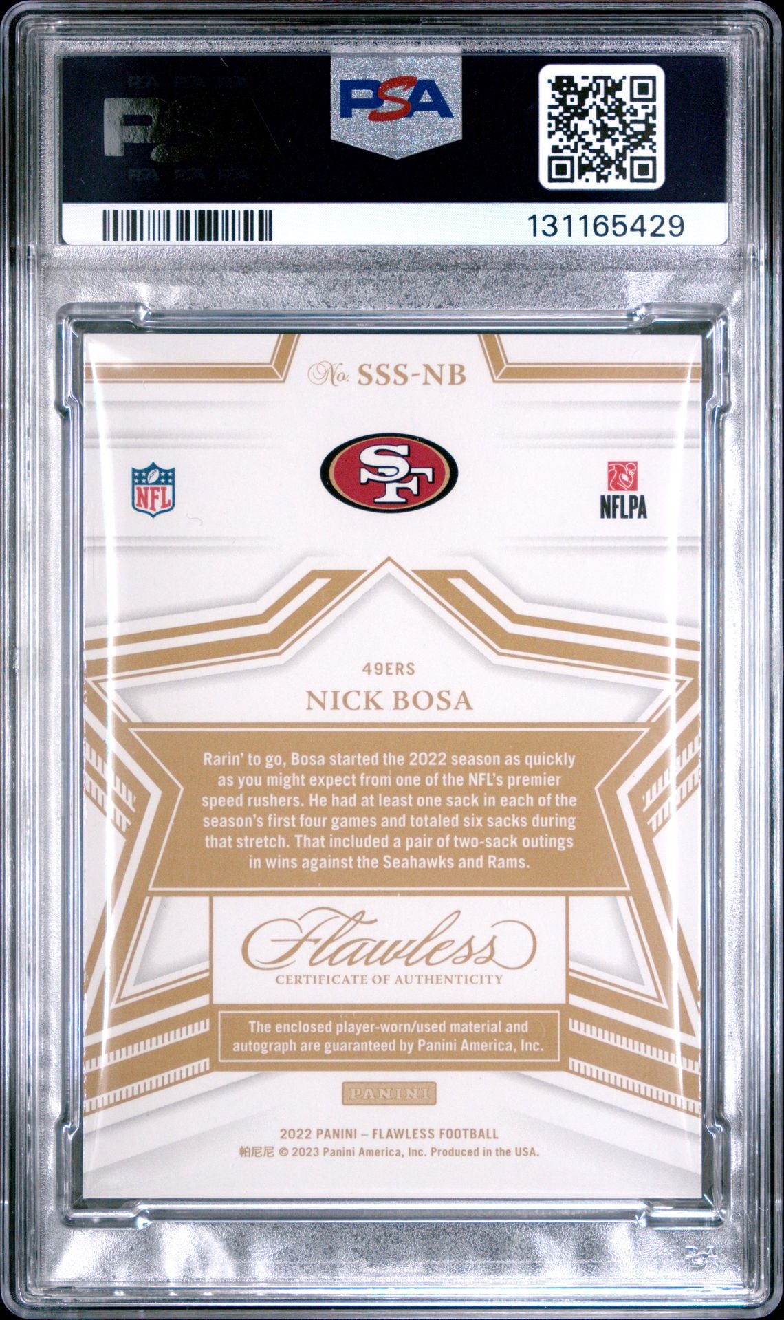 2022 Panini Flawless Star Swatch Signatures Nick Bosa #SSSNB PSA 9