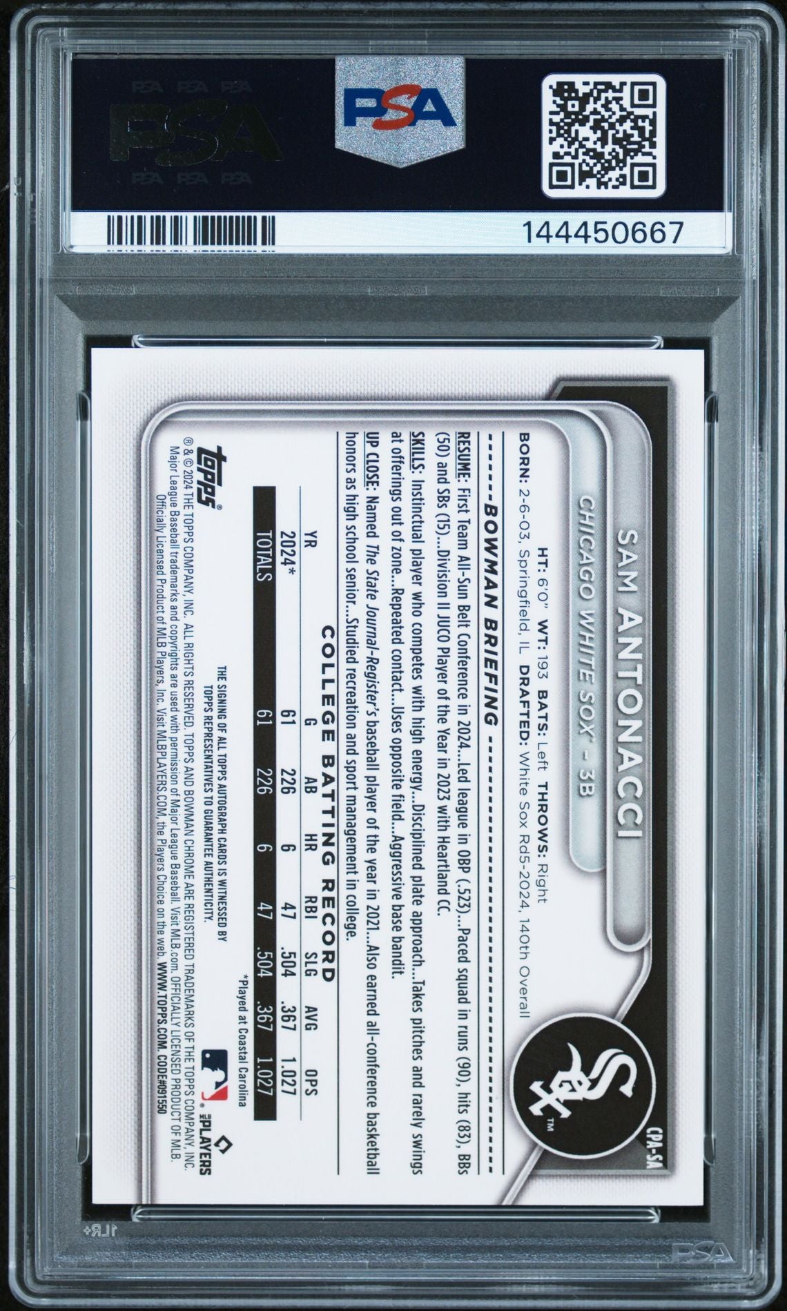 2024 Bowman Draft Chrome Prospect Autographs Sam Antonacci Blue Wave #CPASA PSA 9 Auto 10