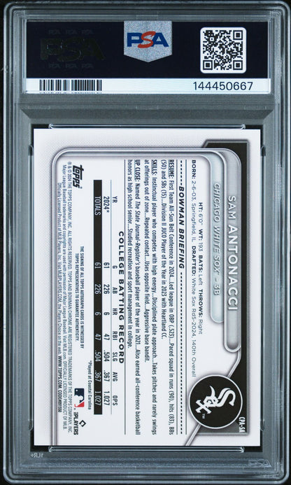 2024 Bowman Draft Chrome Prospect Autographs Sam Antonacci Blue Wave #CPASA PSA 9 Auto 10