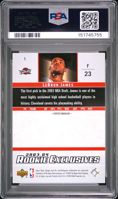 2003 UPPER DECK ROOKIE EXCLUSIVES LeBRON JAMES ROOKIE EXCLUSIVES #1 PSA 7