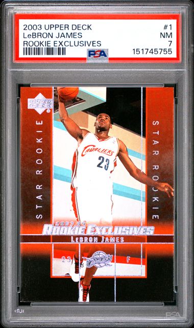 2003 UPPER DECK ROOKIE EXCLUSIVES LeBRON JAMES ROOKIE EXCLUSIVES #1 PSA 7
