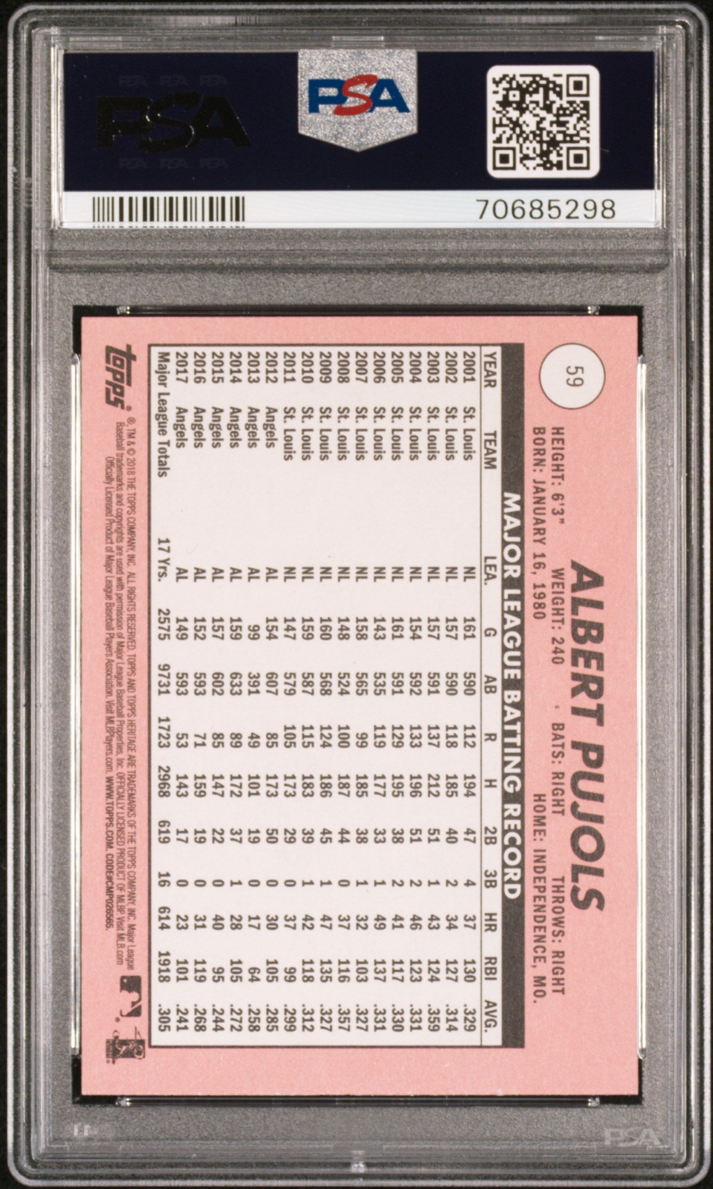 2018 Topps Heritage Albert Pujols #59 PSA 10