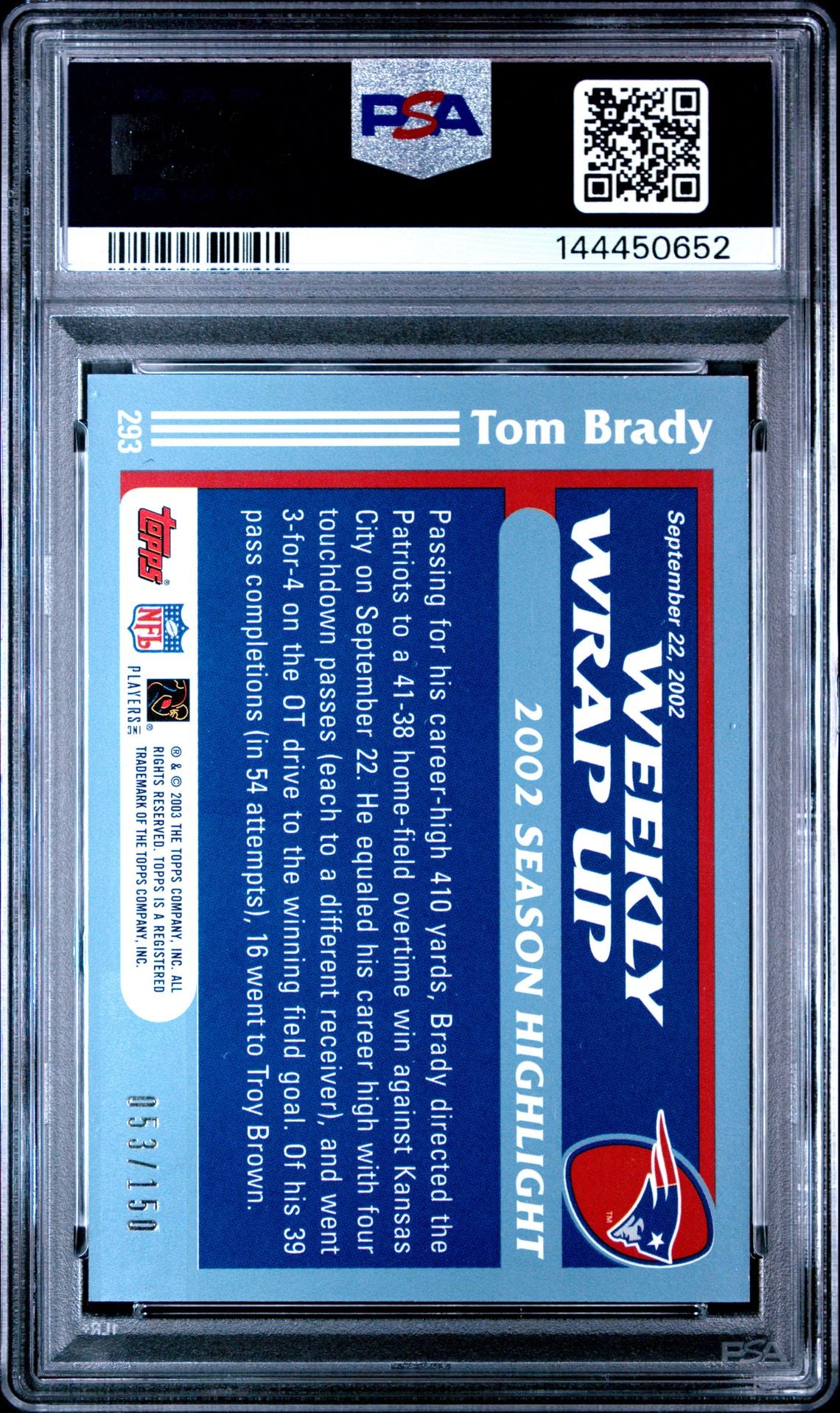 2003 Topps Tom Brady Black #293 PSA 7
