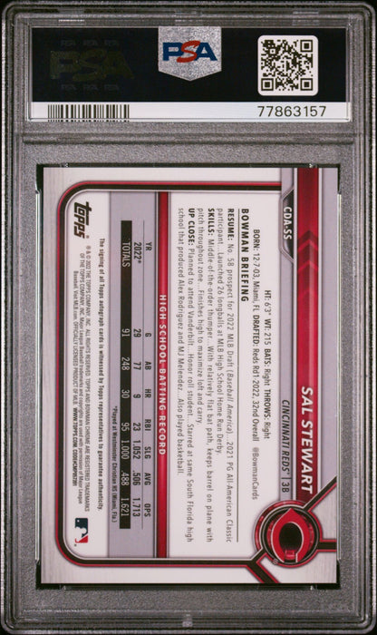 2022 Bowman Draft Chrome Draft Pick Autographs Sal Stewart Blue Refractor #CDASS PSA 10