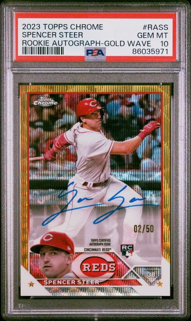 2023 TOPPS CHROME ROOKIE AUTOGRAPH SPENCER STEER ROOKIE AUTO-GOLD WAVE REF #RASS PSA 10