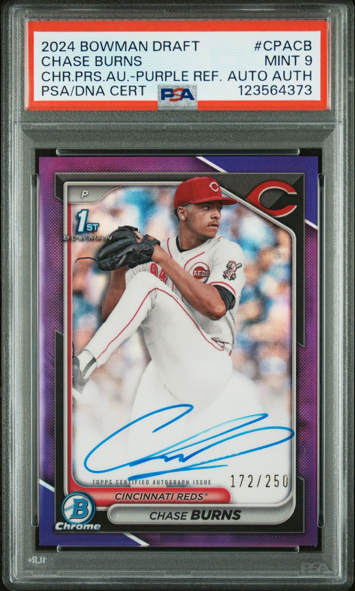 2024 Bowman Draft Chrome Prospect Autographs #CPACB Chase Burns Purple Refractor 172/250 PSA 9