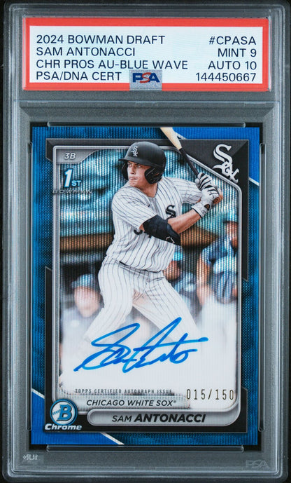 2024 Bowman Draft Chrome Prospect Autographs Sam Antonacci Blue Wave #CPASA PSA 9 Auto 10
