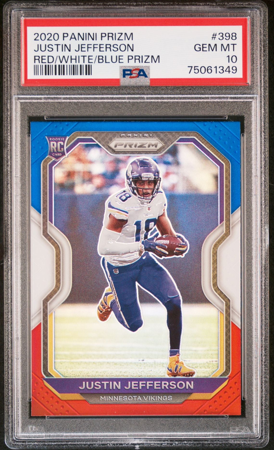 2020 Panini Prizm Justin Jefferson Red / White / Blue Prizm #398 PSA 10