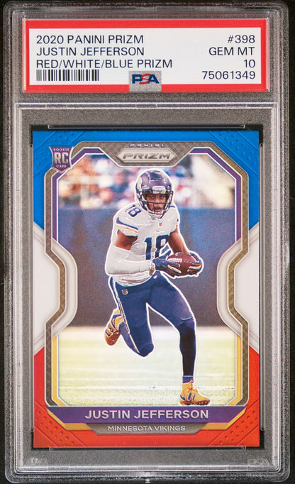 2020 Panini Prizm Justin Jefferson Red / White / Blue Prizm #398 PSA 10