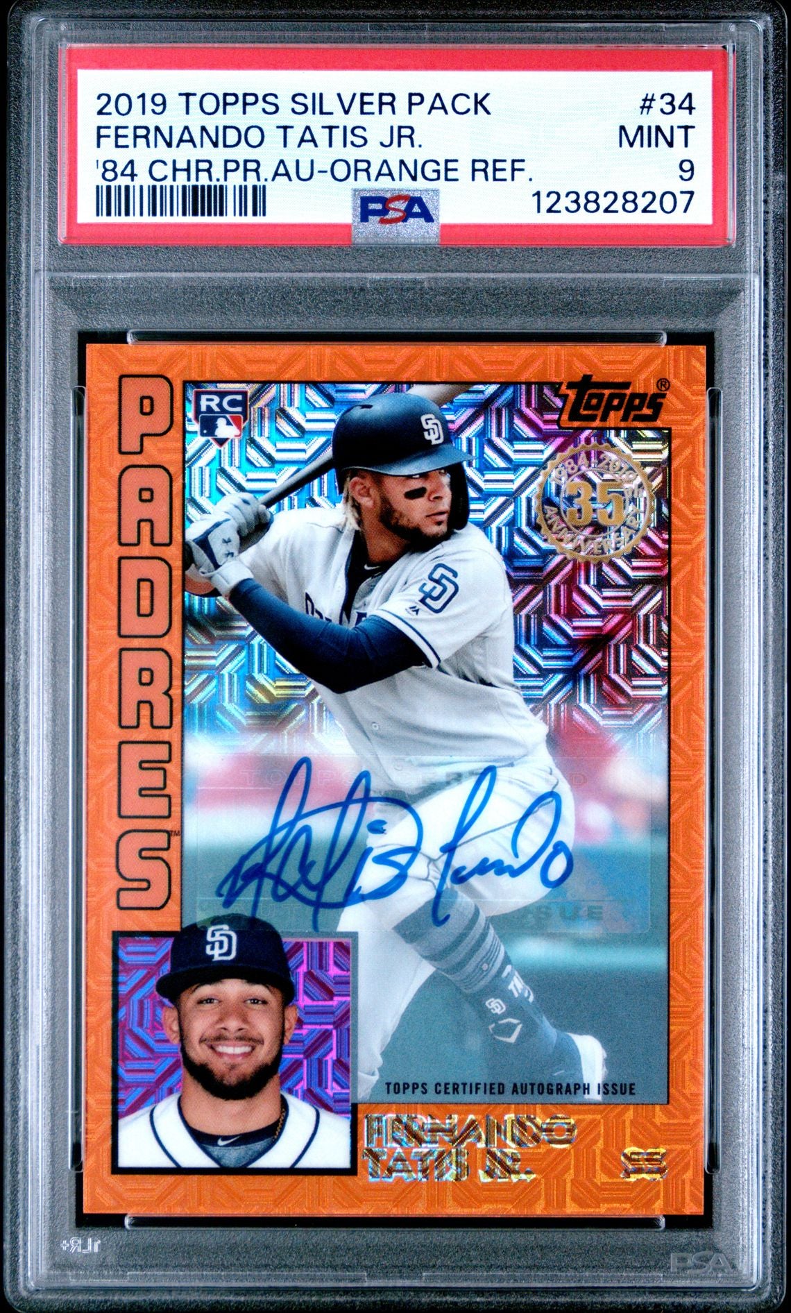 2019 Topps Silver Pack 1984 Chrome Promo Autographs #34 Fernando Tatis Jr. Orange Refractor 1/25 PSA 9