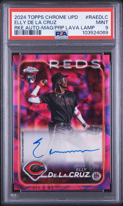 2024 TOPPS CHROME UPDATE CHROME ROOKIE AUTOGRAPHS ELLY DE LA CRUZ RKE AUTO-MAG/PRP LAVA LAMP #RAEDLC PSA 9 - Front