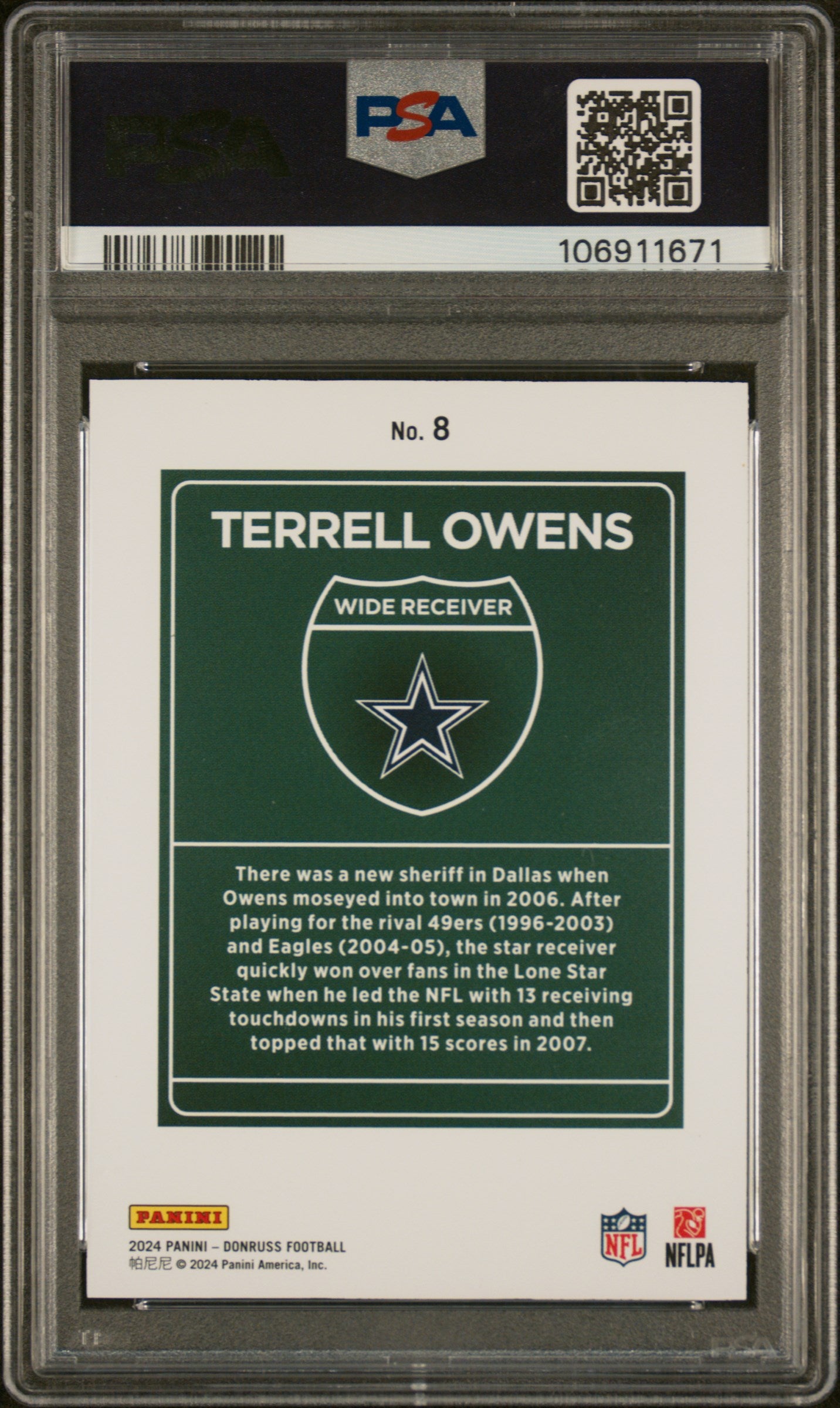 2024 PANINI DONRUSS DOWNTOWN! TERRELL OWENS #8 PSA 10 - Back