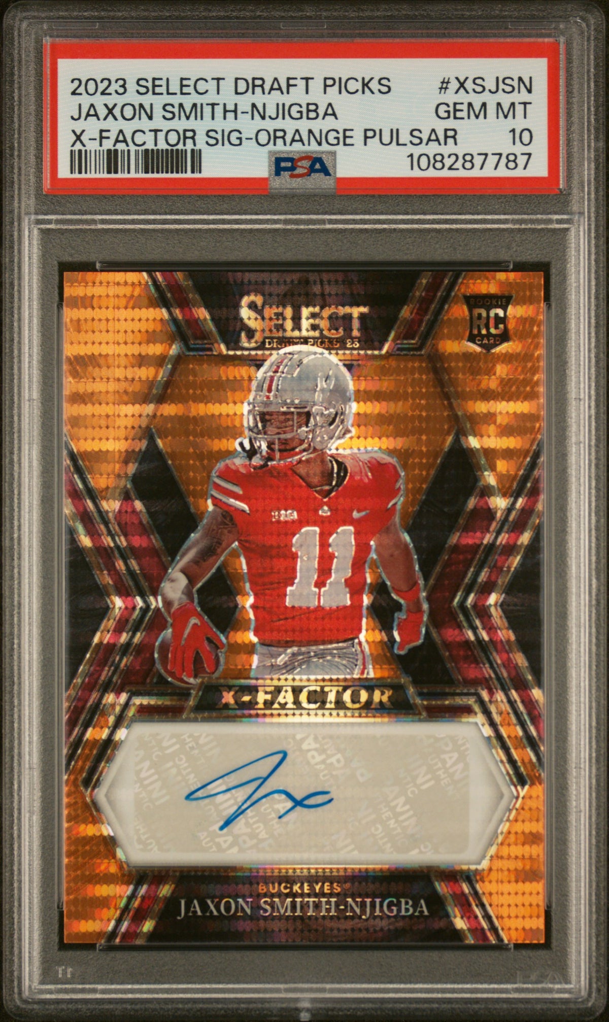 2023 PANINI SELECT DRAFT PICKS X-FACTOR SIGNATURES JAXON SMITH-NJIGBA X-FACTOR SIG-ORANGE PULSAR #XSJSN PSA 10 - Front