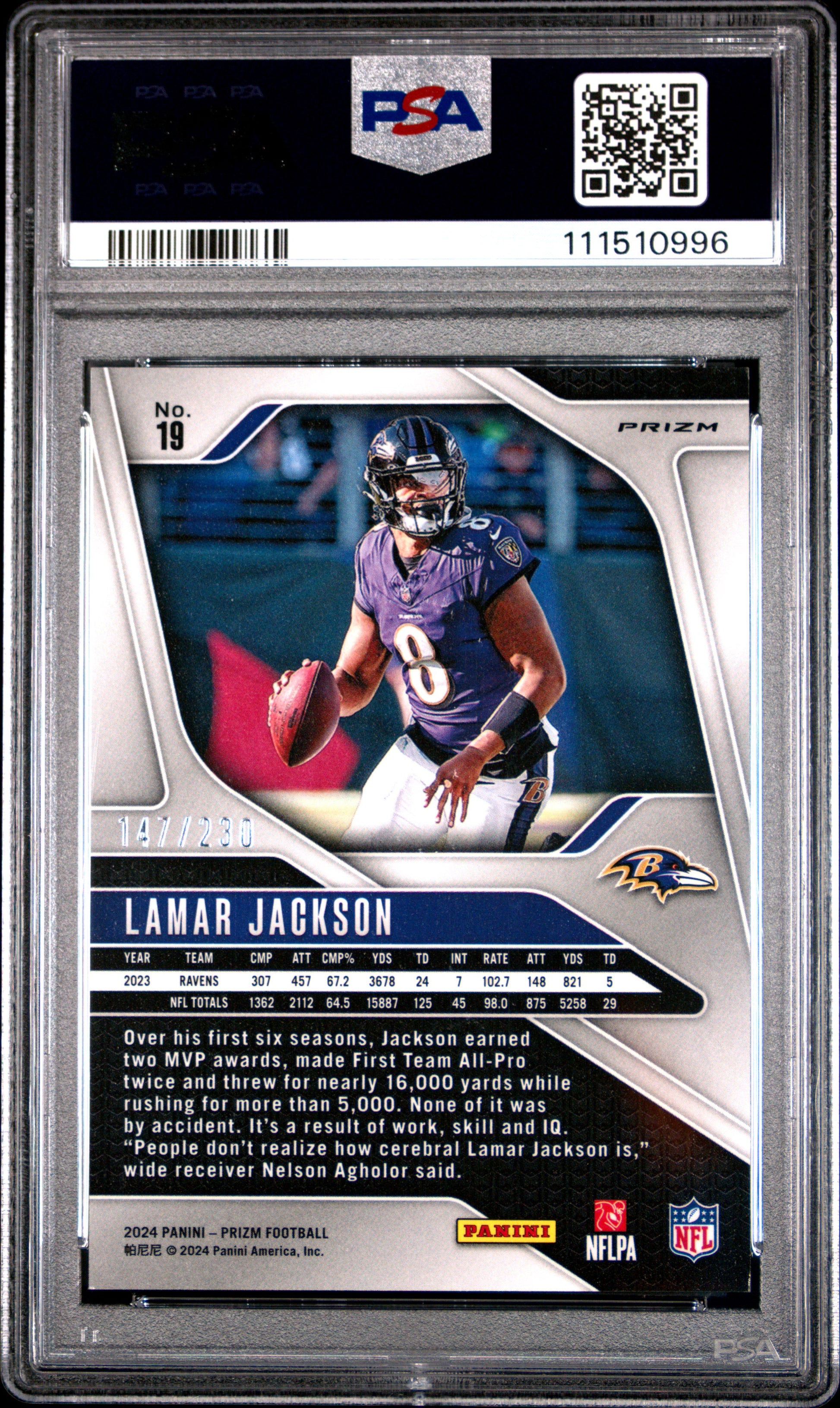 2024 PANINI PRIZM LAMAR JACKSON BLUE WAVE #19 PSA 10 - Back