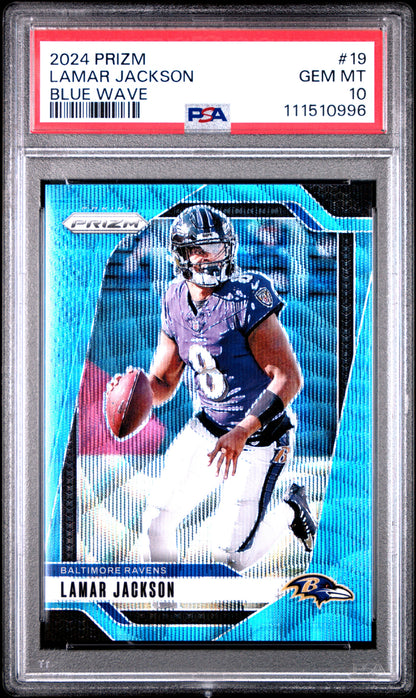 2024 PANINI PRIZM LAMAR JACKSON BLUE WAVE #19 PSA 10 - Front