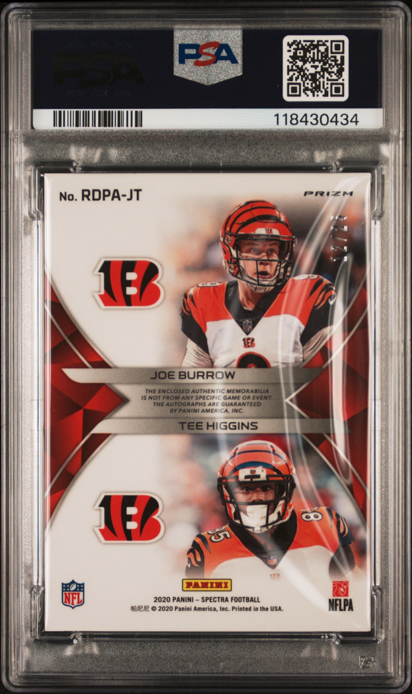 2020 PANINI SPECTRA ROOKIE DUAL PATCH AUTOGRAPHS J.BURROW/T.HIGGINS RKE.DL.PAT.AU-NN PURPLE #JT PSA 9/MINT 9 - Back