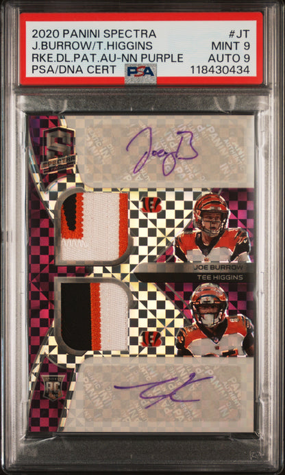 2020 PANINI SPECTRA ROOKIE DUAL PATCH AUTOGRAPHS J.BURROW/T.HIGGINS RKE.DL.PAT.AU-NN PURPLE #JT PSA 9/MINT 9 - Front