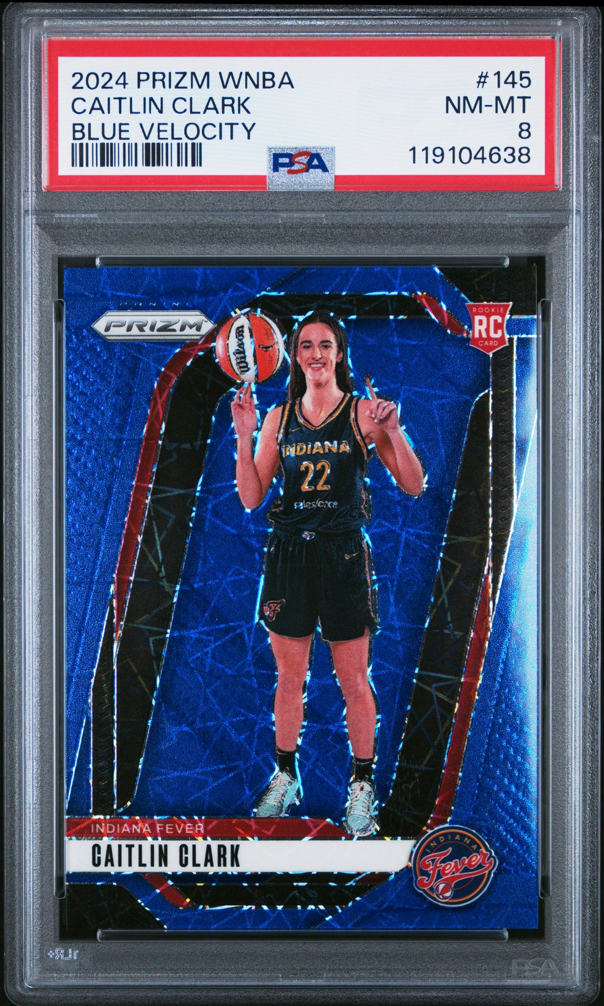 2024 PANINI PRIZM WNBA CAITLIN CLARK BLUE VELOCITY #145 PSA 8 - Front