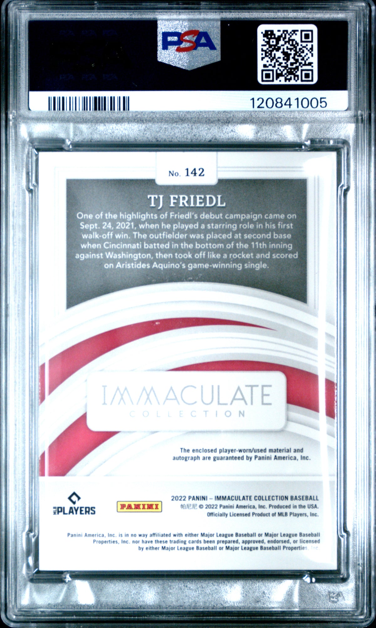 2022 PANINI IMMACULATE COLLECTION TJ FRIEDL PATCH AUTO-HOLO SILVER #142 PSA 9 - Back