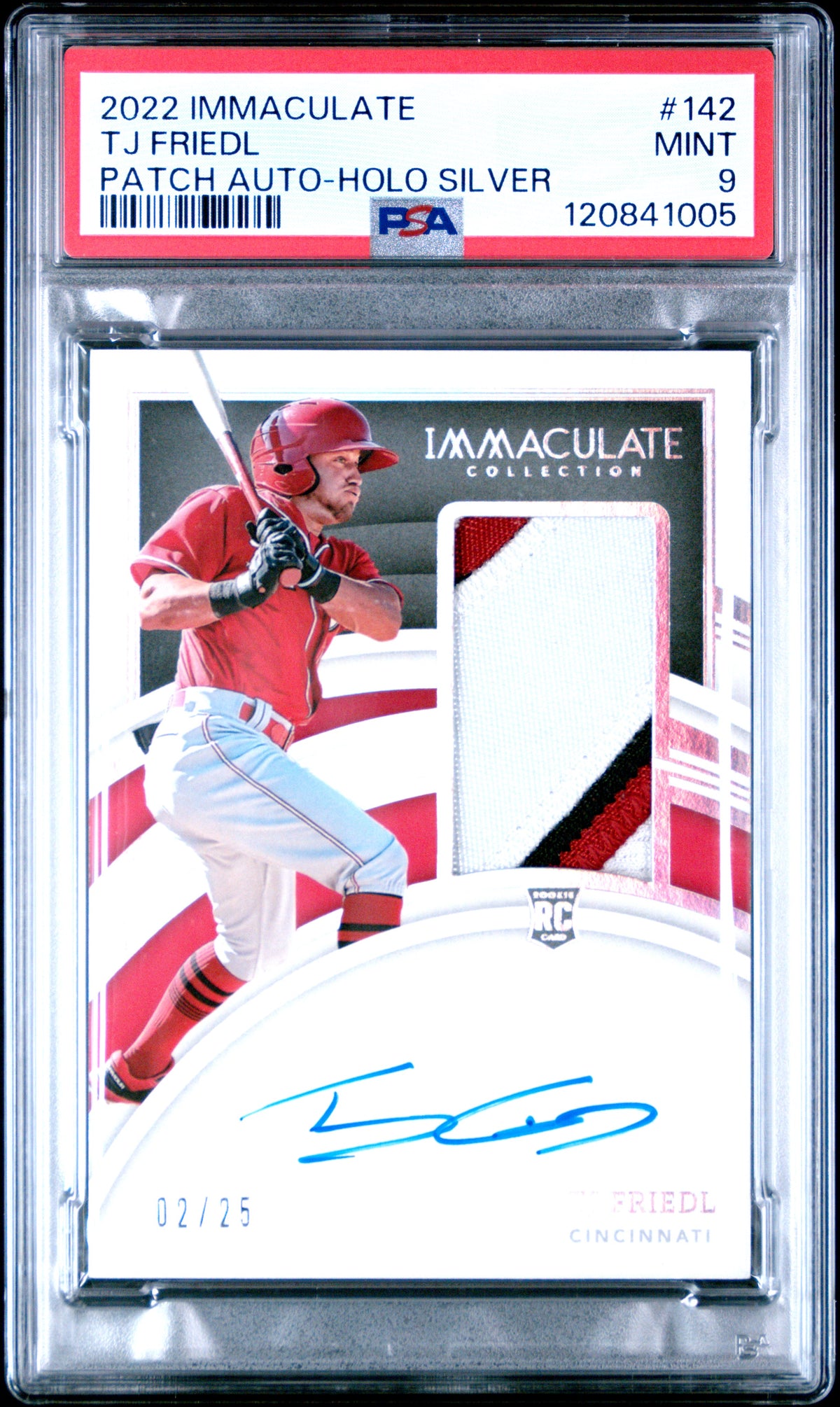 2022 PANINI IMMACULATE COLLECTION TJ FRIEDL PATCH AUTO-HOLO SILVER #142 PSA 9 - Front
