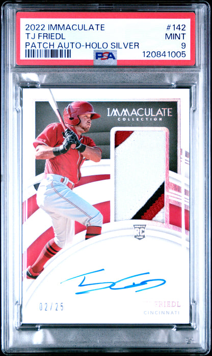 2022 PANINI IMMACULATE COLLECTION TJ FRIEDL PATCH AUTO-HOLO SILVER #142 PSA 9 - Front