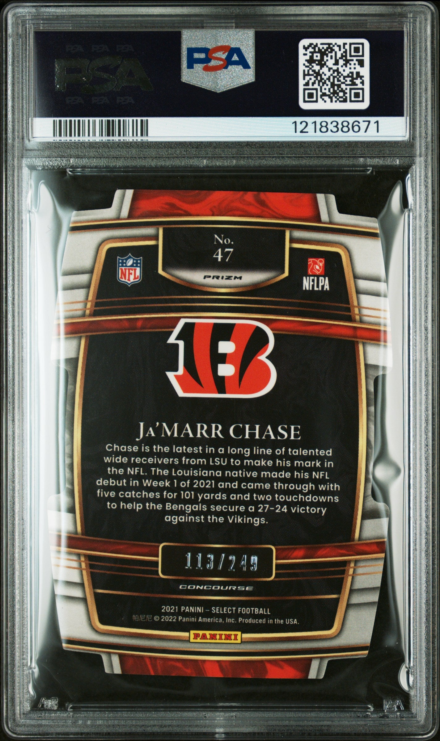 2021 PANINI SELECT Ja'MARR CHASE DIE-CUT ORANGE PRIZM #47 PSA 10 - Back