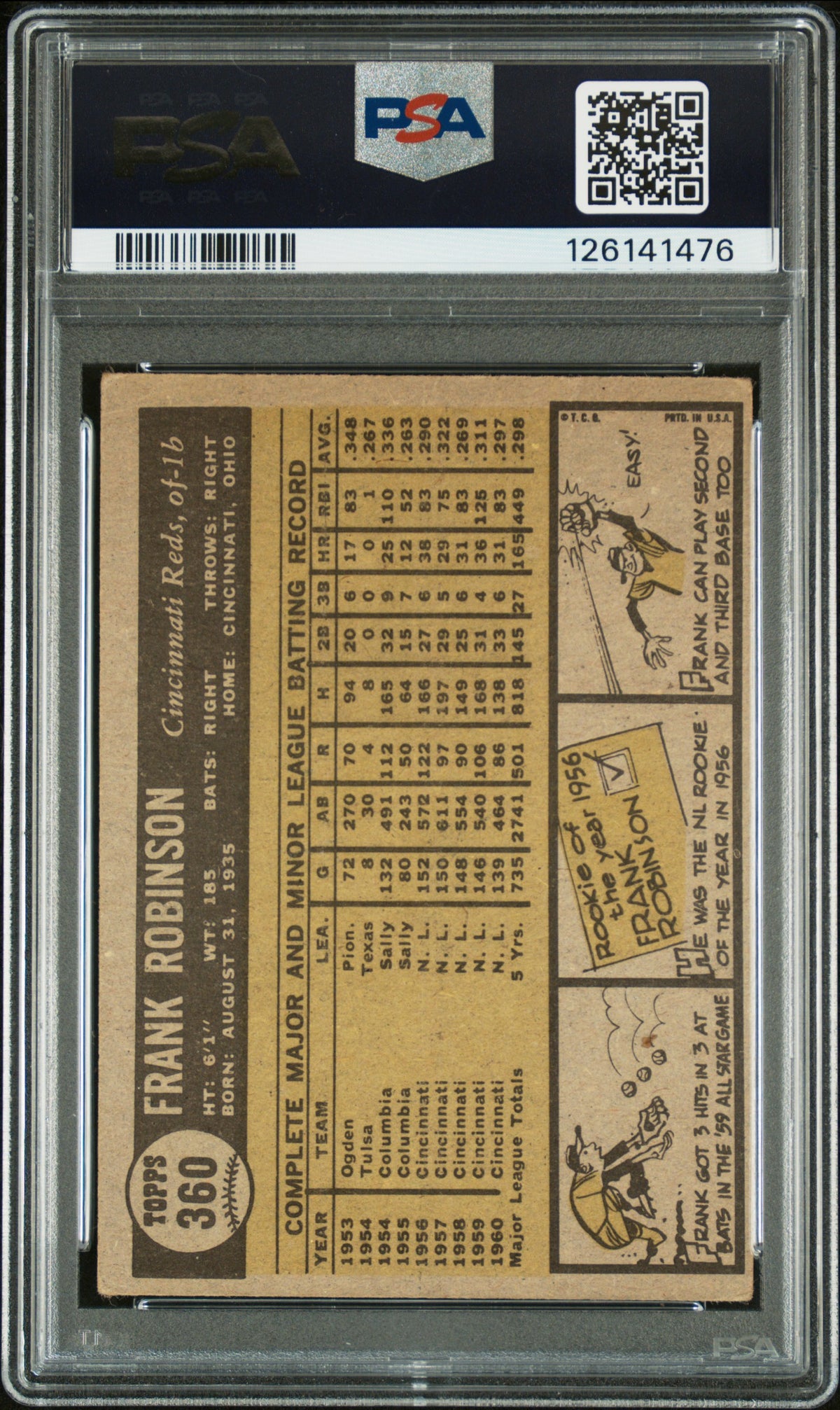 1961 TOPPS FRANK ROBINSON #360 PSA 3/GEM MT 10 - Back