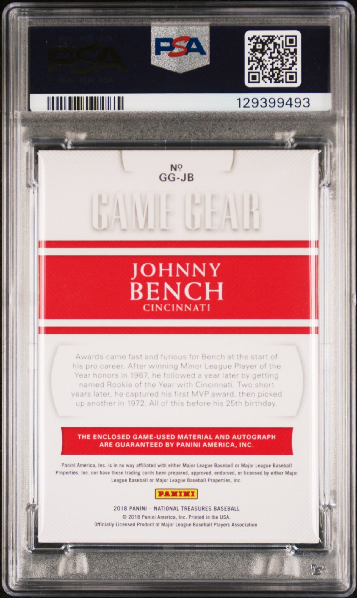 2018 PANINI NATIONAL TREASURES GAME GEAR AUTOGRAPHS JOHNNY BENCH GAME GEAR AUTO-PRIME #GG-JB PSA 8 - Back