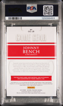 2018 PANINI NATIONAL TREASURES GAME GEAR AUTOGRAPHS JOHNNY BENCH GAME GEAR AUTO-PRIME #GG-JB PSA 8 - Back