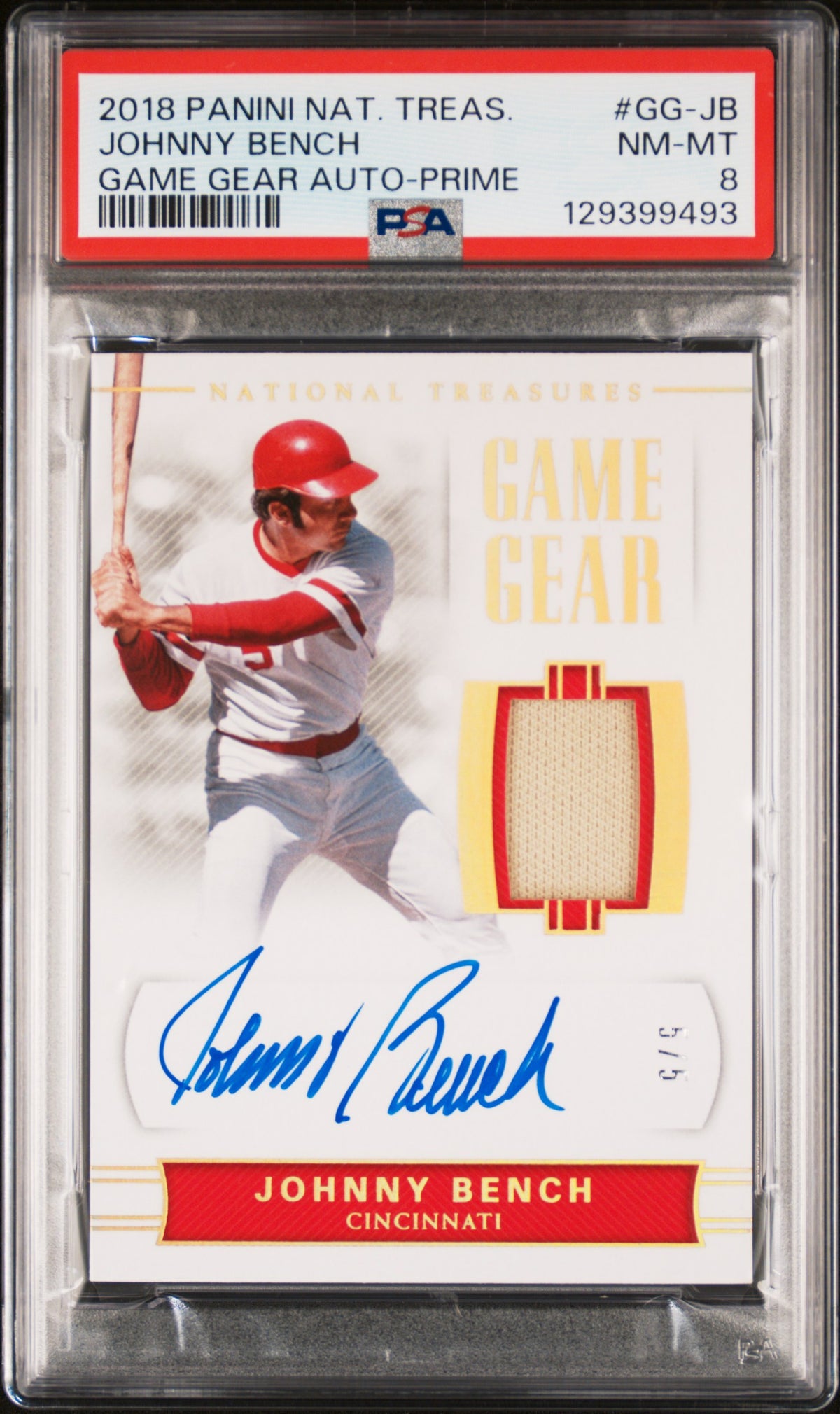 2018 PANINI NATIONAL TREASURES GAME GEAR AUTOGRAPHS JOHNNY BENCH GAME GEAR AUTO-PRIME #GG-JB PSA 8 - Front